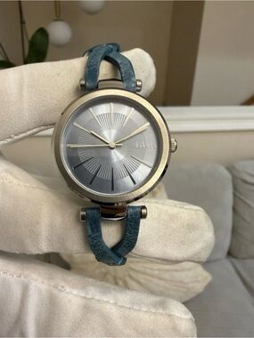 Dakota Womens Watch 35mm Silver Dial Teal Blue Split Leather Band Japan Quartz